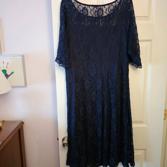 NWT Navy Blue Lace Midi Dress W/ Elbow Sleeves & Lining By Pinup Fashion Sz 20W - Picture 2 of 13